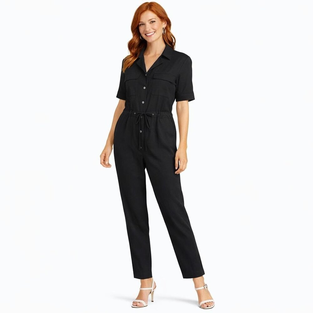 Banana Republic Small Black Button-Down Jumpsuit Pockets & Drawstring Waist NWT